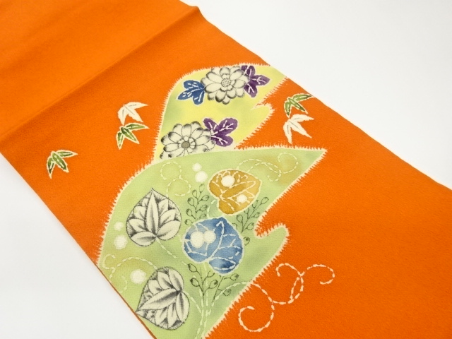Nagoya obi with hand-drawn flower and leaf pattern on crepe